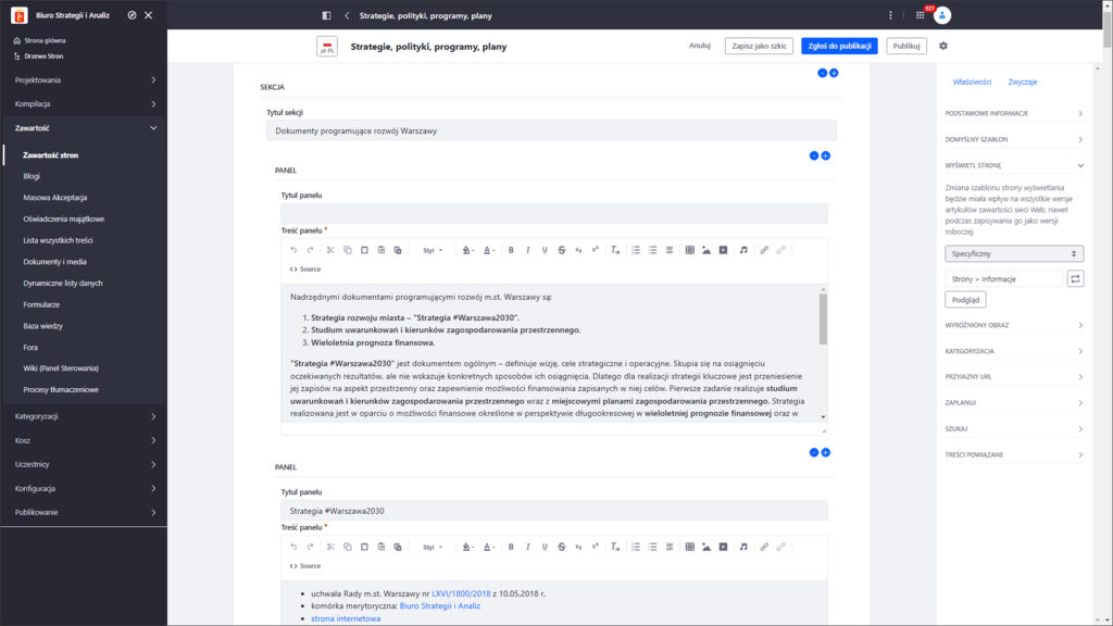 Zrzut ekranu prezentujący szablon Rozszerzona zawartość stron